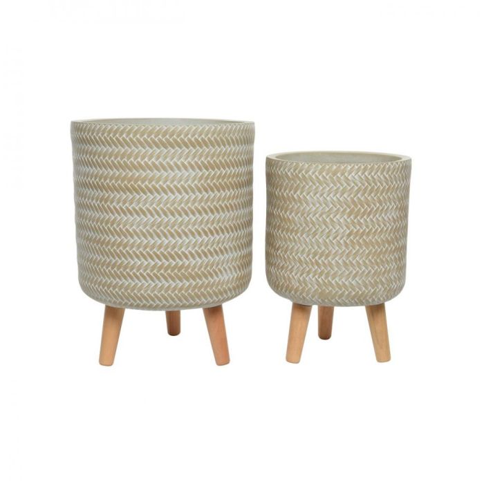 Picture of Alex Fibreclay Set of 2 Planters with Wood Legs - Soft Beige