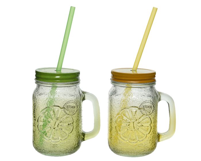 Picture of Drinking Jar Glass With Handle 2 Colours Assorted